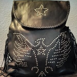 Black Studded Fringe Backpack with Star Accent